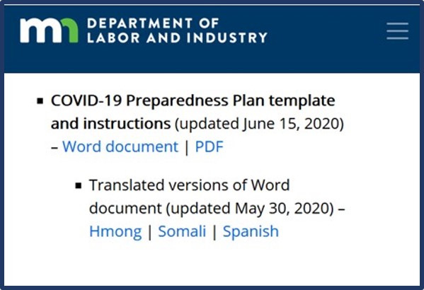 Dept of Labor and Industry template for COVID plan