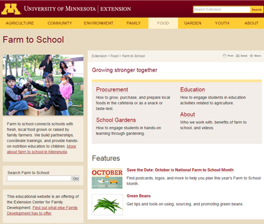Extension Farm to School homepage screenshot