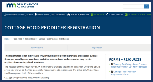 Cottage Food Producer Registration page screenshot