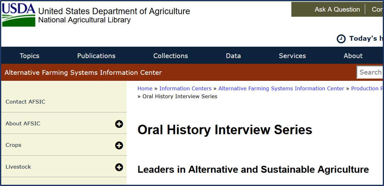screenshot of National Agricultural Library oral l history site