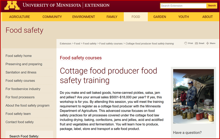 UMN Extension Food Safety homepage screenshot